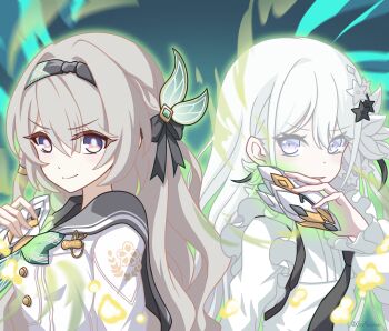 2girls bang_dream! black_hairband black_sailor_collar bow closed_mouth commentary_request dress firefly_(honkai:_star_rail) firefly_(spring_missive)_(honkai:_star_rail) goanchor green_bow grey_hair hair_between_eyes hair_intakes hair_ornament hairband highres honkai:_star_rail honkai_(series) long_hair long_sleeves looking_at_viewer multiple_girls official_alternate_costume open_mouth pink_eyes plaid_bow sailor_collar school_uniform serafuku shiomi_hotaru smile star_(symbol) star_hair_ornament white_dress white_hair