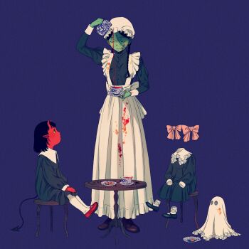 1other 3girls apron arm_up back_bow black_dress black_hair blood blood_on_clothes blood_on_face bob_cut bobby_socks boots bow braid child closed_eyes colored_sclera colored_skin cookie cup demon_girl demon_horns demon_tail dress food frilled_apron frills from_side full_body ghost green_skin hair_bow hair_over_shoulder hat highres holding holding_saucer holding_teapot horns invisible juliet_sleeves long_dress long_sleeves looking_at_another looking_up maid maid_apron mary_janes mob_cap multicolored_skin multiple_girls multiple_hair_bows on_stool original patchwork_skin peter_pan_collar plate pouring profile puffy_sleeves purple_background red_skin saucer sheet_ghost shoes shokugyo sitting socks stool table tail teacup teapot twin_braids yellow_sclera zombie