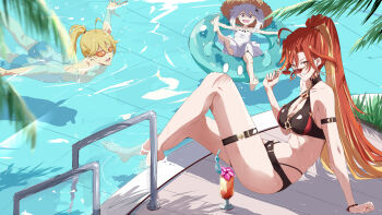 1boy 2girls absurdres aether_(genshin_impact) aether_(hot_springs)_(genshin_impact) ahoge akitsugu_akiyama alternate_costume alternate_hairstyle barefoot bikini black_bikini blonde_hair breasts cleavage commentary_request cup day dress_swimsuit drinking_straw earrings full_body genshin_impact goggles grin hair_between_eyes hair_ornament highres holding holding_removed_eyewear innertube jewelry knee_up large_breasts long_hair looking_at_viewer male_swimwear mavuika_(genshin_impact) multicolored_hair multiple_girls nail_polish official_alternate_costume open_mouth orange_eyes outdoors paimon_(genshin_impact) paimon_(hot_springs)_(genshin_impact) ponytail pool poolside red_hair red_nails sitting smile soaking_feet sun_earrings sunglasses swim_ring swim_trunks swimming swimsuit thigh_strap topless_male two-tone_hair unworn_eyewear very_long_hair water white_hair white_male_swimwear