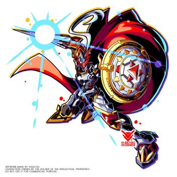 armor cape digimon digimon_(creature) dual_wielding dukemon full_body helmet highres holding holding_polearm holding_shield holding_weapon knight lance polearm red_cape shield simple_background solo vh20/20 weapon white_armor white_background white_helmet