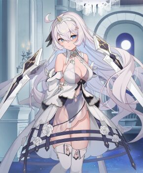 :o ahoge arm_bow armpit_crease arms_behind_back artist_request bare_shoulders blue_eyes blush bow breasts candle candlestand chandelier cleavage column detached_sleeves dress evertale fake_horns fire floating floating_object flower frills groin hair_between_eyes hairband headband horn_hairband large_breasts leotard light_particles long_hair looking_at_viewer official_art pigeon-toed pillar rose see-through_clothes shiny_skin standing thigh_gap thighhighs unicorn_(evertale) very_long_hair white_bow white_dress white_flower white_hair white_rose white_thighhighs