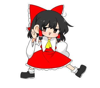 1girl :3 ascot black_eyes black_hair black_shoes bow commentary_request detached_sleeves frilled_bow frilled_hair_tubes frills full_body hair_bow hair_tubes hakurei_reimu highres kumanou22 long_hair looking_at_viewer open_mouth red_bow red_skirt ribbon-trimmed_sleeves ribbon_trim shoes skirt skirt_set smile socks solo touhou transparent_background white_socks yellow_ascot