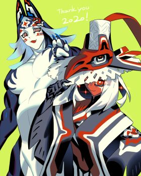 1boy 1girl 2020 animal_ears animal_hands black_hair blue_hair claws colored_inner_hair dark-skinned_female dark_skin dated edarow fang fang_out glowing glowing_eyes green_background hand_up hat_tip horizontal_pupils looking_at_viewer male_focus monster_boy multicolored_hair muscular muscular_male native_american original puffy_male_chest red_eyes smile thank_you tongue tongue_out upper_body white_hair