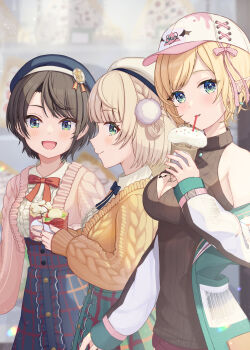 3d :d aran_sweater baseball_cap beret black_sweater blonde_hair blue_eyes blue_headwear blue_skirt blush bow bowtie braid breast_tattoo breasts cable_knit center_frills cleavage_cutout clothing_cutout cup disposable_cup food french_braid frilled_shirt frilled_skirt frills green_jacket green_skirt hair_ornament hair_rings hat high-waist_skirt highres holding holding_cup hololive ice_cream ice_cream_float jacket long_sleeves looking_at_viewer medium_breasts multicolored_jacket official_alternate_costume okachi_yuu oozora_subaru oozora_subaru_(casual) open_mouth pink_sweater plaid_clothes plaid_skirt pointy_ears pom_pom_(clothes) pom_pom_hair_ornament red_bow red_bowtie red_shorts shigure_ui_(vtuber) shigure_ui_(vtuber)_(casual) shirt short_hair shorts side_braid skirt sleeveless sleeveless_turtleneck smile sweater swept_bangs tattoo turtleneck turtleneck_sweater virgin_killer_outfit virtual_youtuber white_headwear white_jacket white_shirt yellow_sweater yuzuki_choco yuzuki_choco_(streetwear)