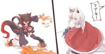 Rule 34 | 2girls, absurdres, ahoge, animal ear fluff, animal ear piercing, animal ears, black boots, black hair, black sleeves, black thighhighs, blue eyes, boots, braid, cape, chamomile (kazumasa), commentary request, crown, detached sleeves, extra ears, fire, fox ears, fox girl, fox tail, fur-trimmed cape, fur trim, gold crown, gold tiara, highres, hololive, kurokami fubuki, long hair, multicolored hair, multicolored tail, multiple girls, multiple piercings, neckerchief, pentagram, red neckerchief, saber (weapon), shirakami fubuki, shirakami fubuki (fbkingdom), single thighhigh, streaked hair, sword, tail, thigh strap, thighhighs, tilted headwear, translated, virtual youtuber, weapon, white hair, wide sleeves