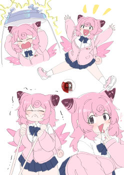 Rule 34 | 1girl, absurdres, blue bow, blue bowtie, bow, bowtie, breasts, cardigan, clefairy, cone hair bun, diglett, electricity, fang, gen 1 pokemon, grey eyes, hair bun, highres, large breasts, long hair, matsumoto tomoyohi, nintendo, personification, pink cardigan, pink hair, pink nails, pink wings, pleated skirt, pokemon, pokemon (creature), pokemon pocket monsters, pulling, skirt, v, white background, wings