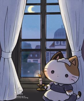 1girl animal_ears apron ayu_(mog) blue_dress candle cat_ears cat_girl cat_tail chibi chibi_only closed_mouth commentary cowboy_shot crescent_moon curtains dress furry furry_female indoors maid maid_headdress moon night original short_sleeves signature solid_circle_eyes solo symbol-only_commentary tail twitter_username waist_apron whiskers white_apron window