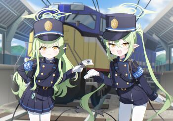 2girls absurdres blue_archive blue_hat blue_jacket blue_shorts blue_skirt closed_mouth cowboy_shot demon_girl demon_tail fang gloves green_hair green_halo halo hat highres hikari_(blue_archive) holding holding_ticket jacket multiple_girls nozomi_(blue_archive) open_mouth pointy_ears poorunii shorts skin_fang skirt smile tail ticket train twintails white_gloves yellow_eyes