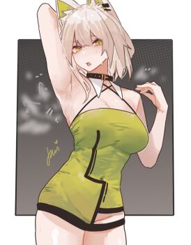 1girl alternate_breast_size_(larger) animal_ear_fluff animal_ears arknights armpits bare_shoulders belt_collar border breasts cat_ears cleavage collar commentary dress green_dress green_eyes grey_background grey_hair kal'tsit_(arknights) large_breasts nuggetkouhai open_mouth short_hair simple_background solo thighs white_border