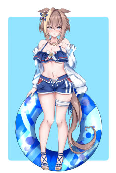 1girl absurdres animal_ears bare_shoulders bikini bikini_shorts blue_background blue_bikini blue_eyes blue_swim_trunks blush border braid breasts brown_hair cdsola cheval_grand_(summer_calm_navy_drop)_(umamusume) cheval_grand_(umamusume) cleavage commentary_request ear_ornament hair_between_eyes half_up_braid heart heart_necklace highres holding holding_swim_ring horse_ears horse_girl horse_tail innertube jacket jewelry large_breasts long_sleeves looking_at_viewer multicolored_hair navel necklace off_shoulder official_alternate_costume official_alternate_hairstyle open_clothes open_jacket open_mouth sandals short_hair short_hair_with_long_locks shorts sidelocks simple_background smile solo stomach streaked_hair swim_ring swimsuit tail thigh_strap thighs umamusume white_border white_streaks