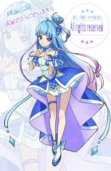 blue_eyes blue_hair blue_wrist_cuffs brooch bubble_skirt choker collar cosplay cure_wink cure_wink_(cosplay) cut_bangs dress heart heart_brooch highres hirogaru_sky!_precure jewelry kimi_to_idol_precure long_hair magical_girl pink_streaks plaid_clothes plaid_dress plaid_sleeves precure ribbon_choker skirt smile solo sora_harewataru standing white_collar wrist_cuffs yumi_san0112