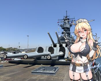 1girl absurdres american_flag american_flag_legwear american_flag_print blonde_hair blue_eyes breasts commentary_request double_v elbow_gloves flag_print front-tie_top furaggu_(frag_0416) garter_straps gloves hair_between_eyes headgear highres iowa_(kancolle) kantai_collection large_breasts long_hair miniskirt open_mouth photo_background round_teeth skirt smile solo star-shaped_pupils star_(symbol) striped_clothes striped_skirt striped_thighhighs symbol-shaped_pupils teeth thighhighs upper_teeth_only v vertical-striped_clothes vertical-striped_skirt vertical-striped_thighhighs very_long_hair