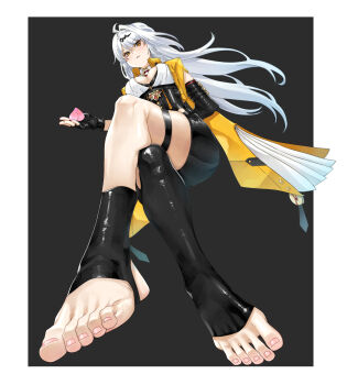 1girl ahoge arm_behind_back asymmetrical_gloves black_background black_gloves black_unitard border breasts chinese_clothes commentary_request crossed_legs eiji_(eiji) elbow_gloves feet fingerless_gloves food food_request foot_focus from_below full_body gloves highres holding holding_food jacket large_breasts long_hair nail_polish pink_nails single_elbow_glove single_hair_intake solo stirrup_footwear thigh_strap toenail_polish toenails toes uneven_gloves white_border white_hair yellow_jacket yixuan_(zenless_zone_zero) zenless_zone_zero