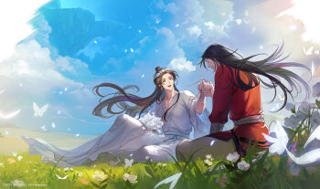 2boys arm_support bandaged_wrist bandages belt black_hair blue_sky border bouquet bracelet brown_hair bug butterfly chinese_clothes choppy_bangs cliff closed_eyes closed_mouth clothes_lift cloud cloudy_sky commentary_request couple crossed_legs curtained_hair dated dutch_angle emuoyot evening facing_viewer fading_border falling_petals field fingernails floating_hair flower flower_bed flower_wreath glowing glowing_butterfly glowing_petals gradient_sky grass hair_bun half-closed_eyes hand_on_own_leg hanfu happy happy_birthday head_down head_tilt head_wreath highres holding_hands horizon hua_cheng insect jewelry knee_up landscape light_smile long_hair long_sidelocks looking_at_another male_focus mountainous_horizon multiple_boys muscular muscular_male nature necklace on_ground open_mouth orange_flower orange_sky outdoors outstretched_hand pants parted_bangs pectoral_cleavage pectorals petals pink_flower profile red_hanfu ring ring_necklace side-by-side side_slit sidelighting sidelocks silver_belt silver_bracelet simple_flower single_hair_bun sitting sky straight_hair string string_around_finger string_of_fate sunlight swept_bangs teeth tianguan_cifu twitter_username upper_teeth_only very_long_hair wavy_hair white_butterfly white_flower white_hanfu white_pants wide_shot wide_sleeves wind wind_lift xie_lian yaoi yellow_eyes