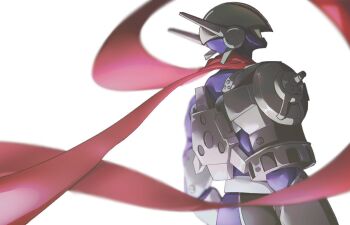 1girl blue_bodysuit bodysuit cowboy_shot digimon digimon_(creature) from_behind helmet justimon male_focus okome_digi red_scarf scarf simple_background solo white_background