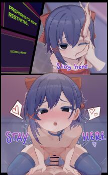 1boy 1girl absurdres bar_censor before_and_after blue_thighhighs blush breasts censored choker cowgirl_position dallei dress erection girl_on_top highres horns huge_filesize loli looking_at_viewer medium_hair miside mita_(miside) moaning multiple_views penis petting pov pov_crotch pov_hands purple_hair red_dress scar sex single_horn small_breasts straddling thighhighs tiny_mita_(miside) vaginal