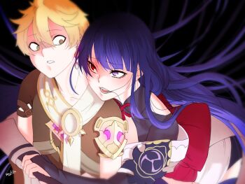 1boy 1girl aether_(genshin_impact) ahoge alternate_universe armor artist_name back_bow bent_over black_background black_panties blonde_hair blunt_bangs blurry bow bridal_gauntlets clothing_cutout collarbone commentary constricted_pupils couple crop_top depth_of_field earrings english_commentary floating_hair from_side genshin_impact glowing hair_between_eyes hair_down hair_floating_upwards hetero highres hug hug_from_behind huge_ahoge japanese_clothes jewelry kimono leaning_forward long_hair looking_at_another looking_down looking_to_the_side looking_up mitsudomoe_(shape) no_mole open_clothes panties parted_lips purple_hair purple_kimono raiden_shogun red_eyes red_sash sash scared scarf shade shaded_face short_sleeves shoulder_armor shoulder_cutout single_earring surprised teeth thighhighs tomoe_(symbol) underwear upper_body wide-eyed yandere yellow_eyes yuushiba