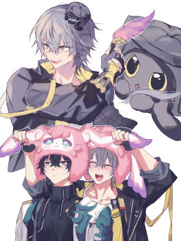 2boys animal artist_name black_cat black_coat black_gloves black_hair black_shirt blush caelus_(honkai:_star_rail) cake_cat_(honkai:_star_rail) cat cat_tail character_hat chinese_clothes closed_eyes coat collarbone commentary_request constellation_print dan_heng_(honkai:_star_rail) dan_heng_(hunt)_(honkai:_star_rail) earrings eyeliner fingerless_gloves gloves grey_eyes grey_hair hair_between_eyes hand_up hands_up hat heart heart_in_mouth highres holding holding_quill honkai:_star_rail honkai_(series) hood hooded_coat jewelry long_sleeves looking_to_the_side makeup male_focus mem_(honkai:_star_rail) mogi_(green_tea_planet) mooncake multiple_boys multiple_views open_clothes open_coat open_mouth quill red_eyeliner shirt short_hair simple_background single_earring smile sweatdrop t-shirt tail tassel teeth tongue trailblazer_(honkai:_star_rail) trailblazer_(trash_cake)_(honkai:_star_rail) two-sided_coat two-sided_fabric upper_body v-shaped_eyebrows white_background white_coat white_shirt yellow_coat yellow_eyes zipper