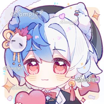 1girl :3 animal_ear_fluff animal_ears black_hat black_jacket blue_hair blush bow bowtie cat_ears cat_girl chibi chibi_only chinese_commentary closed_mouth commentary_request double-parted_bangs hair_between_eyes hat heart jacket multicolored_hair original portrait red_bow red_bowtie red_eyes sample_watermark smile solo sparkle split-color_hair two-tone_hair wanglaojuer watermark white_hair yellow_background