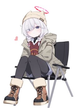 1girl absurdres alternate_costume beanie blue_archive blue_eyes boots braid camping chair cinamon_(cinamori) commentary cosplay fur-trimmed_boots fur_trim grey_eyes hair_over_one_eye halo hat heart highres jacket looking_at_viewer maki_(blue_archive) maki_(blue_archive)_(cosplay) maki_(camp)_(blue_archive) pantyhose plana_(blue_archive) red_halo red_vest shorts simple_background sitting smile solo spoken_heart sweater turtleneck turtleneck_sweater twin_braids untranslatable_commentary vest white_background white_hair winter_clothes