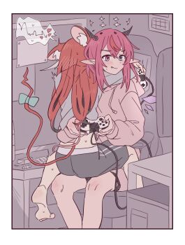 2girls animal_ears blue_eyes blush chair commentary controller desk ear_blush energy_wings female_orgasm game_controller gaming_chair grey_shirt grey_shorts hakos_baelz halo heart heterochromia highres holding holding_controller holding_game_controller hololive hololive_english hood hoodie horns implied_vibrator indoors irys_(hololive) licking_lips long_hair mouse_ears mouse_girl mouse_tail multiple_girls orgasm pink_eyes pink_hair pink_hoodie playing_games pointy_ears ramphastostella red_hair shirt shorts sitting sitting_on_lap sitting_on_person smile spoken_heart swivel_chair symbol-only_commentary tail tongue tongue_out yuri