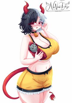 absurdres animal_ears cow_ears cow_horns cow_tail highres horns multicolored_hair nanaii_desu red_horns red_tail shorts split-color_hair statue tail touhou ushizaki_urumi wily_beast_and_weakest_creature yellow_shorts