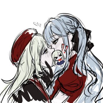 Rule 34 | 2girls, bang dream!, bang dream! it's mygo!!!!!, beret, black gloves, blue hair, censored, character censor, commentary, english commentary, gloves, green hair, hat, highres, kiss, long hair, mortis (bang dream!), mortis (costume) (bang dream!), multiple girls, novelty censor, oblivionis (bang dream!), red hat, red shirt, shirt, shoushud, sidelocks, simple background, sketch, togawa sakiko, upper body, wakaba mutsumi, white background, yuri