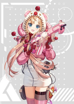 1girl absurdres animal_hat apex_legends blonde_hair blue_eyes commission cosplay cowboy_shot cropped_jacket gloves gun hat highres holding holding_gun holding_weapon indie_virtual_youtuber jacket long_hair long_sleeves looking_at_viewer meesh_(vtuber) open_mouth pink_jacket pink_thighhighs pom_pom_(clothes) puffy_sleeves red_gloves red_sweater second-party_source solo sumi_(sumi_oen) sweater thighhighs virtual_youtuber wattson_(apex_legends) wattson_(apex_legends)_(cosplay) weapon white_hat white_jacket
