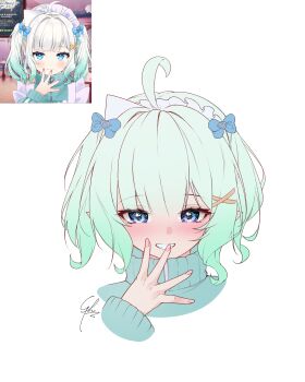 1girl alternate_costume blue_eyes commentary cropped_torso densetsu.exe english_commentary fingernails gradient_hair green_hair green_jacket grin hair_ornament hairclip hand_up high_collar highres jacket jersey_maid looking_at_viewer maid maid_headdress mint_fantome multicolored_hair pointy_ears reference_inset simple_background smile smug solo syxh track_jacket triangular_headpiece twintails unconventional_maid virtual_youtuber white_background x_hair_ornament