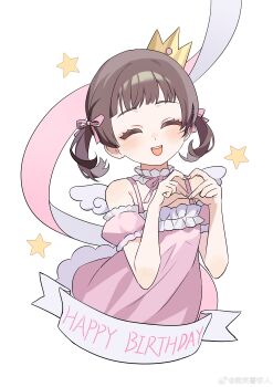 Rule 34 | 1girl, absurdres, bisho imobing hito, brown hair, cartoon wings, closed eyes, commentary request, doujima nanako, dress, facing viewer, happy birthday, heart, heart hands, highres, looking at viewer, open mouth, persona, persona 4, pink dress, short hair, simple background, solo, star (symbol), twintails, white background