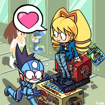 Rule 34 | 1boy, 3girls, artist name, belle (mega man), blonde hair, blue bodysuit, blue dress, blue helmet, blue pantyhose, bodysuit, bow, box, commentary, dress, drill hair, english commentary, flying sweatdrops, geo stelar (mega man), hair bow, heart, helmet, ice (mega man star force), kenshinmeowth, long hair, luna platz (mega man), mega man (character), mega man (classic), mega man (series), mega man legends (series), mega man legends 3, mega man star force (series), mega man star force 3, mega man volnutt, multiple girls, pantyhose, proto man, roll caskett (mega man), servbot (mega man), smile, spoken heart, star force mega man, striped clothes, striped pantyhose, twin drills, wood man