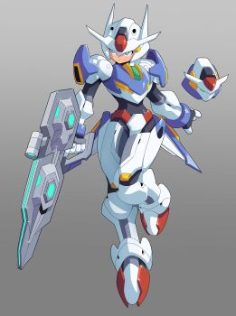 biometal blue_eyes crossover grey_background gundam gundam_aerial gundam_suisei_no_majo highres holding holding_weapon mecha mega_man_(series) mega_man_zx parody robot science_fiction solo standing style_parody tagme ultimatemaverickx weapon