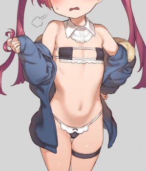 1girl atte_nanakusa belly blush breasts harumi_shinju head_out_of_frame lingerie loli micro_bra micro_panties panties red_hair small_breasts solo thigh_strap thighs tokyo_7th_sisters twintails underwear