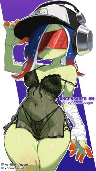 1girl babydoll bandaged_arm bandages baseball_cap black_babydoll black_hat black_panties blue_background blue_hair blush breasts cameltoe cephalopod_eyes closed_mouth collarbone colored_fingertips colored_inner_hair colored_skin commentary dedf1sh english_commentary english_text frilled_babydoll gradient_hair green_skin hair_over_one_eye hand_on_headwear hat headphones headphones_over_headwear highres ko-fi_logo ko-fi_username lace lace_babydoll lace_panties laz_gm lingerie long_hair medium_breasts multicolored_hair navel nintendo nipples octoling paid_reward_available panties patreon_username red-tinted_eyewear red_hair sanitized_(splatoon) see-through_babydoll see-through_clothes single_off_shoulder solo splatoon_(series) sunglasses tentacle_hair tinted_eyewear twitter_logo twitter_username two-tone_hat underwear white_background white_hair white_hat wide_hips yellow_eyes