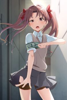 1girl armband bow brown_eyes brown_hair brown_sweater_vest collared_shirt commentary_request green_armband grey_skirt hair_bow highres holster judgement_armband_(toaru) k3rd long_hair miniskirt needle open_mouth paid_reward_available pleated_skirt red_bow school_uniform shirai_kuroko shirt short_sleeves skirt solo summer_uniform sweater_vest thigh_holster throwing_needles toaru_kagaku_no_railgun toaru_majutsu_no_index tokiwadai_school_uniform twintails v-neck white_shirt