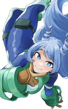Rule 34 | 1girl, absurdres, blue bodysuit, blue eyes, blue hair, bodysuit, boku no hero academia, breasts, closed mouth, commentary, drill hair, energy, fengling (furin-jp), gloves, green bodysuit, hado nejire, hair horns, highres, light blush, long hair, medium breasts, multicolored bodysuit, pouch, simple background, skin tight, smile, solo, superhero costume, sweatdrop, thigh pouch, thigh strap, twin drills, v, v over mouth, very long hair, white background, yellow gloves