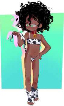 1girl animal_print bikini blush chi-iz choker cow_print cow_print_bikini cow_print_socks cow_tail cowbell crop_top curly_hair dark-skinned_female dark_skin flat_chest g-string green_eyes hand_on_own_hip highres midriff navel original print_bikini square_eyes swimsuit tail thong