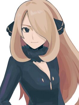 1girl black_coat blonde_hair breasts closed_mouth coat cynthia_(pokemon) fur_collar fur_trim grey_eyes hair_ornament hair_over_one_eye highres hiiro99522 long_hair long_sleeves looking_at_viewer nintendo pokemon pokemon_dppt simple_background small_breasts smile solo upper_body very_long_hair white_background