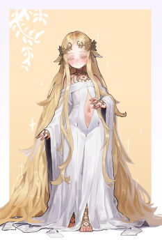 1girl absurdly_long_hair absurdres barefoot blonde_hair breasts bridal_gauntlets closed_eyes clothing_cutout commentary_request dress ekrea_jan flat_chest head_wreath highres jewelry light_smile loli long_hair navel navel_cutout original pointy_ears ring small_breasts standing tagme very_long_hair white_dress yellow_background