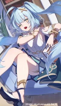 1girl absurdres aqua_hair book bracelet clothing_cutout colored_eyelashes couch dress faruzan_(genshin_impact) genshin_impact green_eyes hair_ornament highres holding holding_book imasaki_kei indoors jewelry long_hair looking_at_viewer on_couch open_mouth shoulder_cutout sitting solo sweat symbol-shaped_pupils teeth triangle-shaped_pupils twintails twitter_username white_dress x_hair_ornament