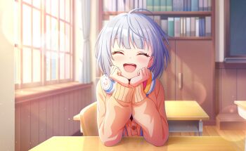 1girl :d ^_^ ahoge blurry blurry_background blush bookshelf chair closed_eyes commentary_request depth_of_field desk facing_viewer game_cg hands_on_own_face highres indoors long_sleeves official_art open_mouth senju_iroha short_hair smile solo third-party_source upper_body world_dai_star