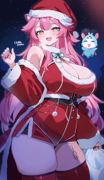 1girl absurdres alternate_costume animal_ear_fluff animal_ears artist_name blush bow bowtie breasts chattino_(raora_panthera) cleavage clothes_down coat commentary corset double-parted_bangs fang fingernails fur-trimmed_coat fur-trimmed_headwear fur-trimmed_shirt fur_collar fur_trim garter_straps hair_flip hat highres holding holding_sack hololive hololive_english large_breasts long_hair long_sleeves looking_at_viewer multicolored_hair nail_polish night o-rindou5100 outdoors panther_ears panther_girl panther_tail pink_hair pom_pom_(clothes) raora_panthera red_coat red_hat red_nails red_shorts red_thighhighs sack santa_costume santa_hat shirt short_shorts shorts single_garter_strap sky sleeveless smile solo star_(sky) starry_sky streaked_hair tail thick_thighs thighhighs thighs virtual_youtuber white_bow white_bowtie white_hair yellow_eyes