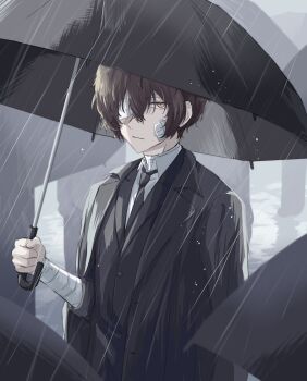 Rule 34 | 1boy, bandage over one eye, bandaged arm, bandaged neck, bandages, black coat, black jacket, black necktie, brown hair, bungou stray dogs, closed mouth, coat, coat on shoulders, collared shirt, dazai osamu (bungou stray dogs), gauze, gauze on cheek, hair between eyes, highres, holding, holding umbrella, ilz1x6, jacket, male focus, necktie, rain, shirt, short hair, solo focus, suit jacket, umbrella, white shirt, yellow eyes