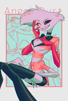 1boy :d absurdres angel_dust aqua_background arm_between_legs black_bow black_bowtie black_choker black_sclera black_skirt black_thighhighs border bow bowtie character_name choker chromatic_aberration colored_sclera commentary_request elbow_gloves extra_arms eyeshadow facial_mark feet_out_of_frame fewer_digits film_grain furry furry_male gloves grey_border grin halftone halftone_background hand_on_own_cheek hand_on_own_chest hand_on_own_face hand_on_own_thigh hands_up hazbin_hotel hellaverse highres invisible_chair looking_to_the_side makeup male_focus menma_(enaic31) microskirt mismatched_sclera open_mouth orange_eyeshadow outline outside_border pencil_skirt pink_shirt red_eyes red_gloves sharp_teeth shirt sideways_glance signature simple_background sitting skirt smile solo teeth thighhighs traditional_bowtie two-tone_shirt watermark white_fur white_gloves white_outline white_shirt yellow_sclera zettai_ryouiki zoom_layer