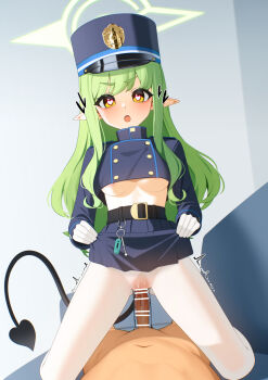 1boy 1girl alternate_breast_size bar_censor belt black_belt blue_archive blue_hat blue_jacket blue_skirt breasts censored clothes_lift demon_girl demon_tail ett gloves gluteal_fold green_hair green_halo halo hat heart heart_in_eye hetero highres hikari_(blue_archive) jacket just_the_tip lifting_own_clothes long_hair long_sleeves medium_breasts miniskirt open_mouth pantyhose peaked_cap penis pointy_ears pov pov_crotch sex skirt skirt_lift symbol_in_eye tail underboob vaginal white_gloves white_pantyhose yellow_eyes