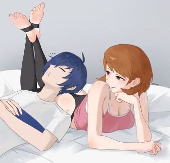 1boy 1girl artist_name ass bare_arms bare_shoulders bed_sheet black_pants black_thighhighs blue_hair breasts brown_eyes brown_hair camisole cleavage closed_eyes closed_mouth commentary couple drooling elbow_rest feet feet_up flipped_hair full_body hair_over_one_eye head_on_ass hetero hickey highres indoors light_blush looking_at_another lying medium_breasts n7grey no_pants on_back on_stomach pants parted_lips persona persona_3 persona_3_reload pillow pink_camisole shirt short_hair short_sleeves sleeping soles spaghetti_strap stirrup_legwear takeba_yukari thighhighs toeless_legwear toes upper_body white_shirt yuuki_makoto_(persona_3) zzz