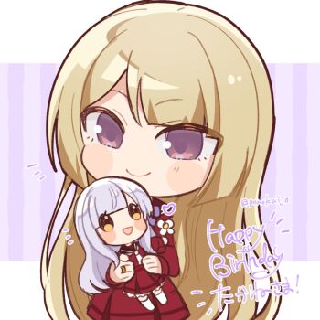 1girl assault_lily blonde_hair blush brown_sailor_collar character_doll character_name chibi closed_mouth commentary_request cowboy_shot doll flower hands_up happy_birthday heart highres holding holding_doll jewelry kanba_girls_high_school_uniform kon_kanaho long_hair long_sleeves looking_at_object miyagawa_takane notice_lines ponokaijo purple_background purple_eyes red_shirt red_skirt ring sailor_collar school_uniform serafuku shirt skirt smile solo standing striped_background translated twitter_username two-tone_background very_long_hair white_background white_flower