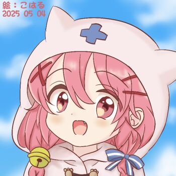 1girl :d animal_ears braid chaos_nekomimi chibi comic_girls dated fang hair_between_eyes hair_ornament hair_ribbon hairclip head_tilt hood kirara_fantasia light_blush long_hair looking_at_viewer moeta_kaoruko open_mouth pink_eyes pink_hair ribbon signature sky smile solo striped_ribbon twin_braids upper_body x_hair_ornament