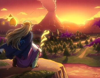 1girl artist_name black_cape blonde_hair cape chaendeulleo cliff commentary dress from_behind highres holding holding_staff long_hair long_sleeves mage_staff nintendo on_one_knee orange_sky pink_dress pointy_ears princess_zelda scene_reference sky staff the_legend_of_zelda the_legend_of_zelda:_echoes_of_wisdom the_legend_of_zelda_(nes) tree tri_(zelda) tri_rod volcano