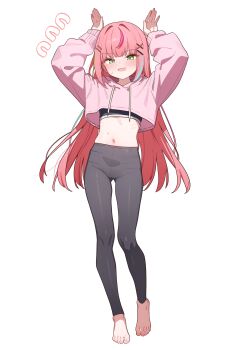 1girl absurdres arms_up barefoot black_shirt commentary_request crop_top crop_top_overhang cropped_hoodie drawstring feet full_body grey_leggings hair_ornament hairclip hanako_nana highres hood hood_down hoodie korean_commentary leggings long_hair long_sleeves looking_at_viewer midriff multicolored_hair navel open_mouth pink_hair pink_hoodie rabbit_pose saho_4545 shirt simple_background smile solo stellive stomach streaked_hair sweatdrop toes undershirt very_long_hair virtual_youtuber white_background x_hair_ornament